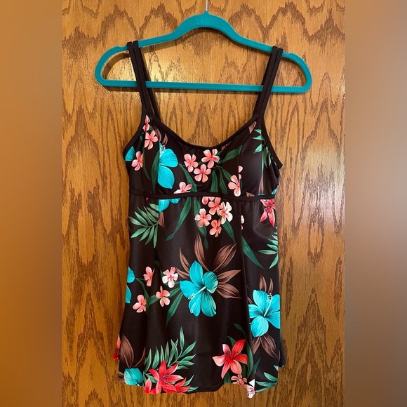 Other - Floral Brown Swim Dress with Pink and Blue Accents Size 16